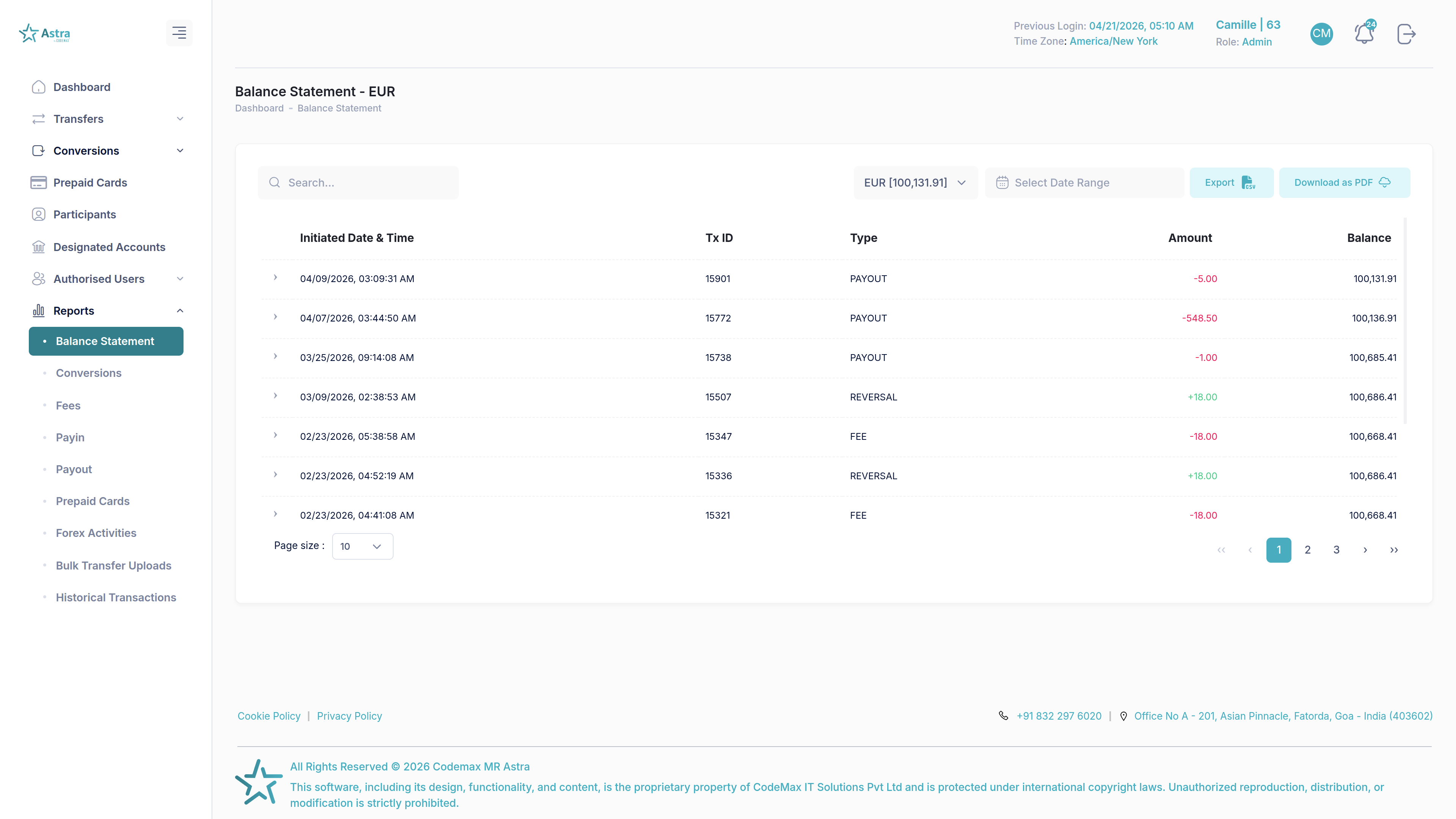 Astra Client Balance Statement