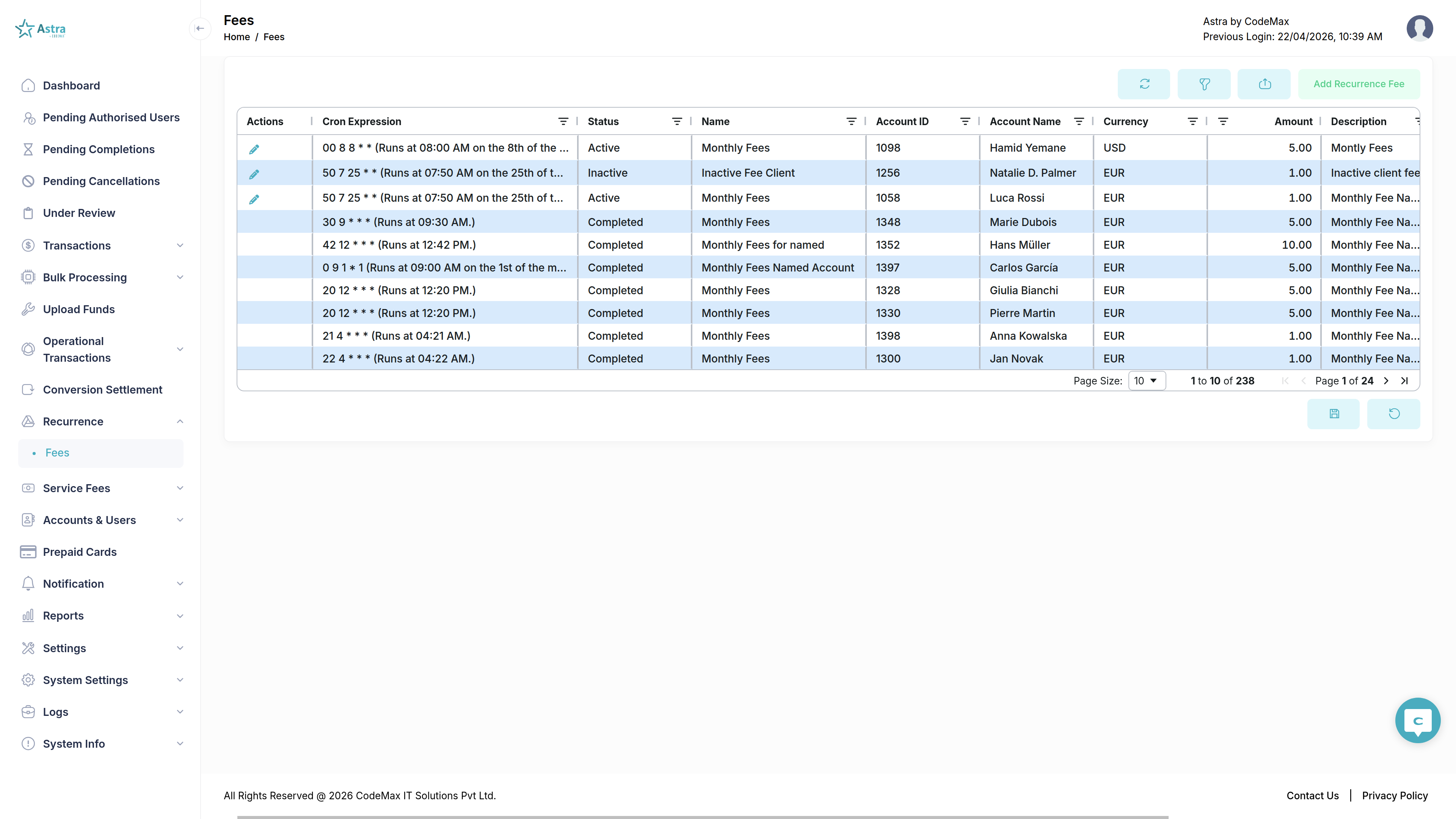 Astra Management Recurring Fees