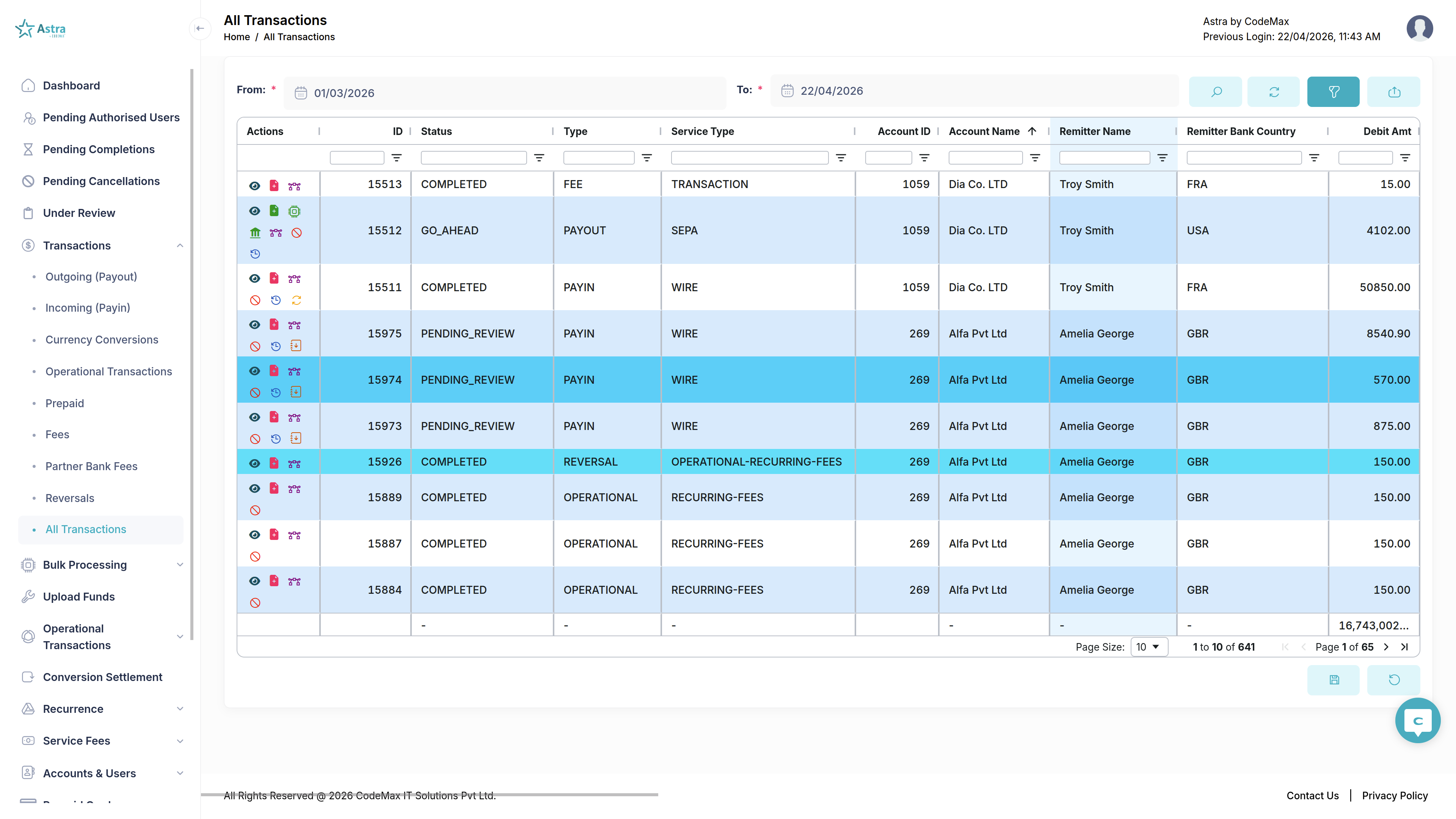 Astra Management Transaction List