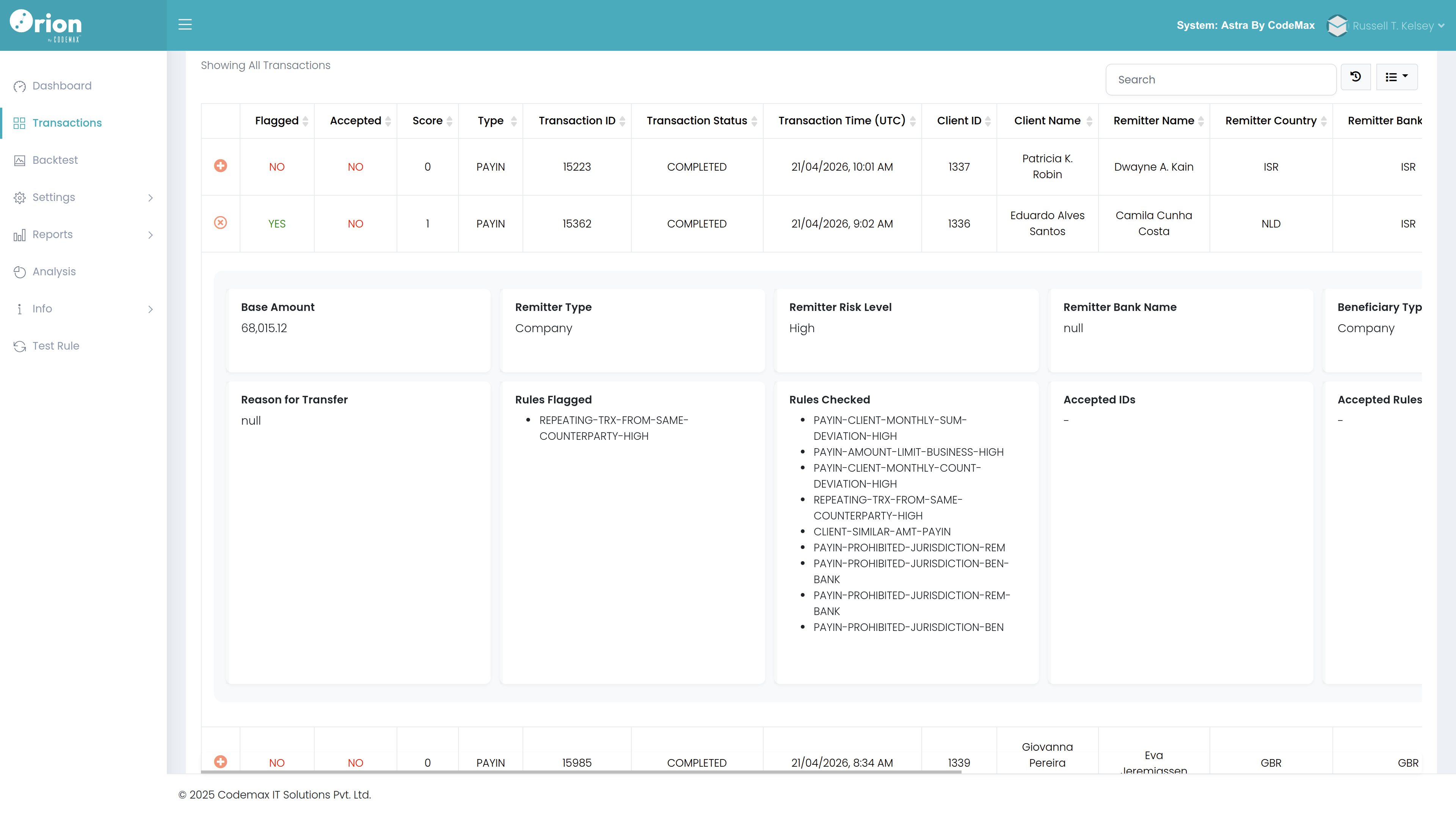 Orion Transaction Details