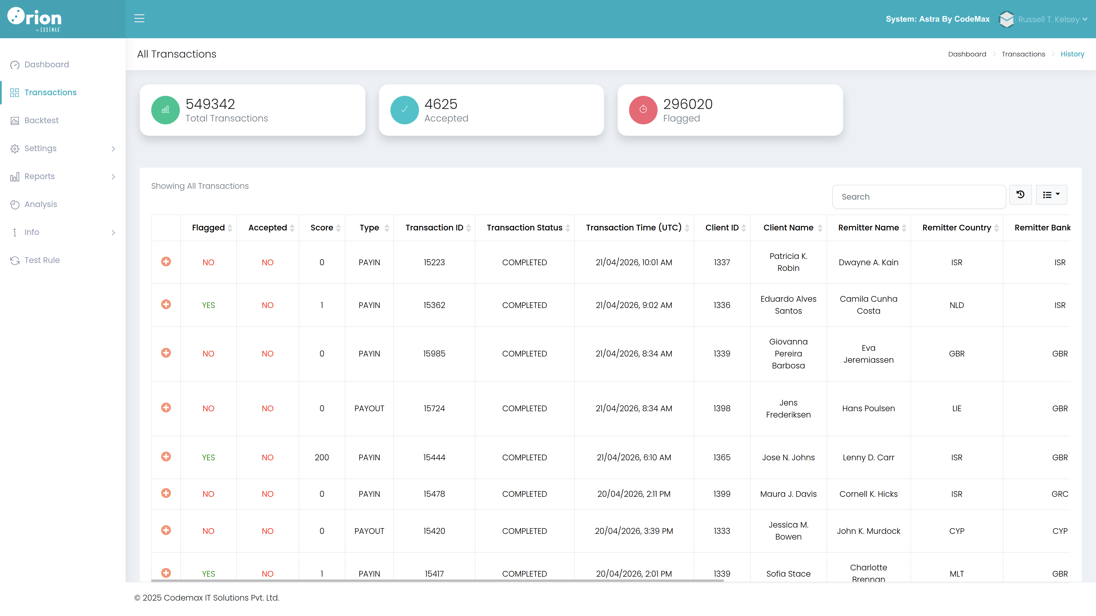 Orion Transactions List