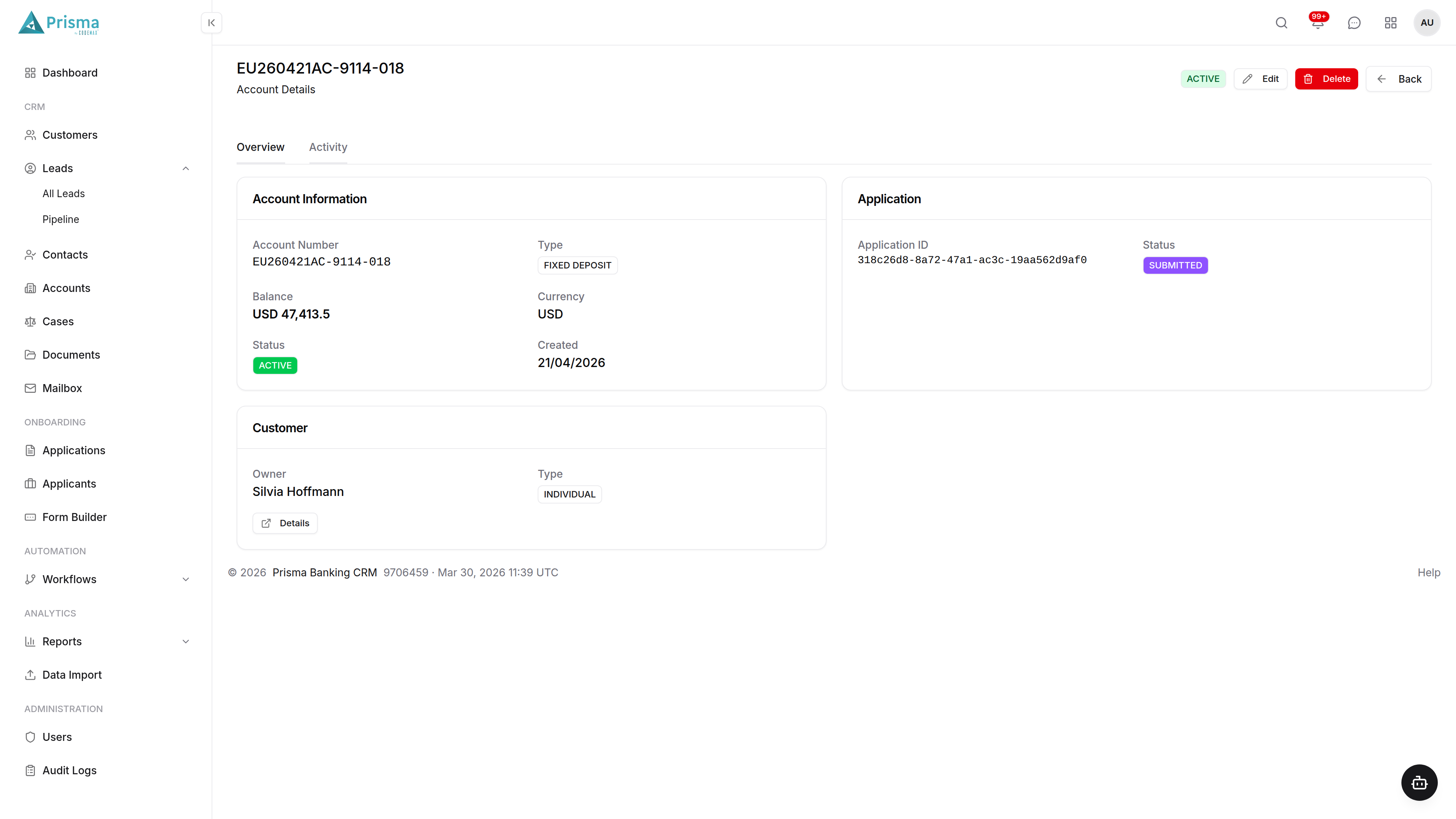Prisma Banking CRM Account Details