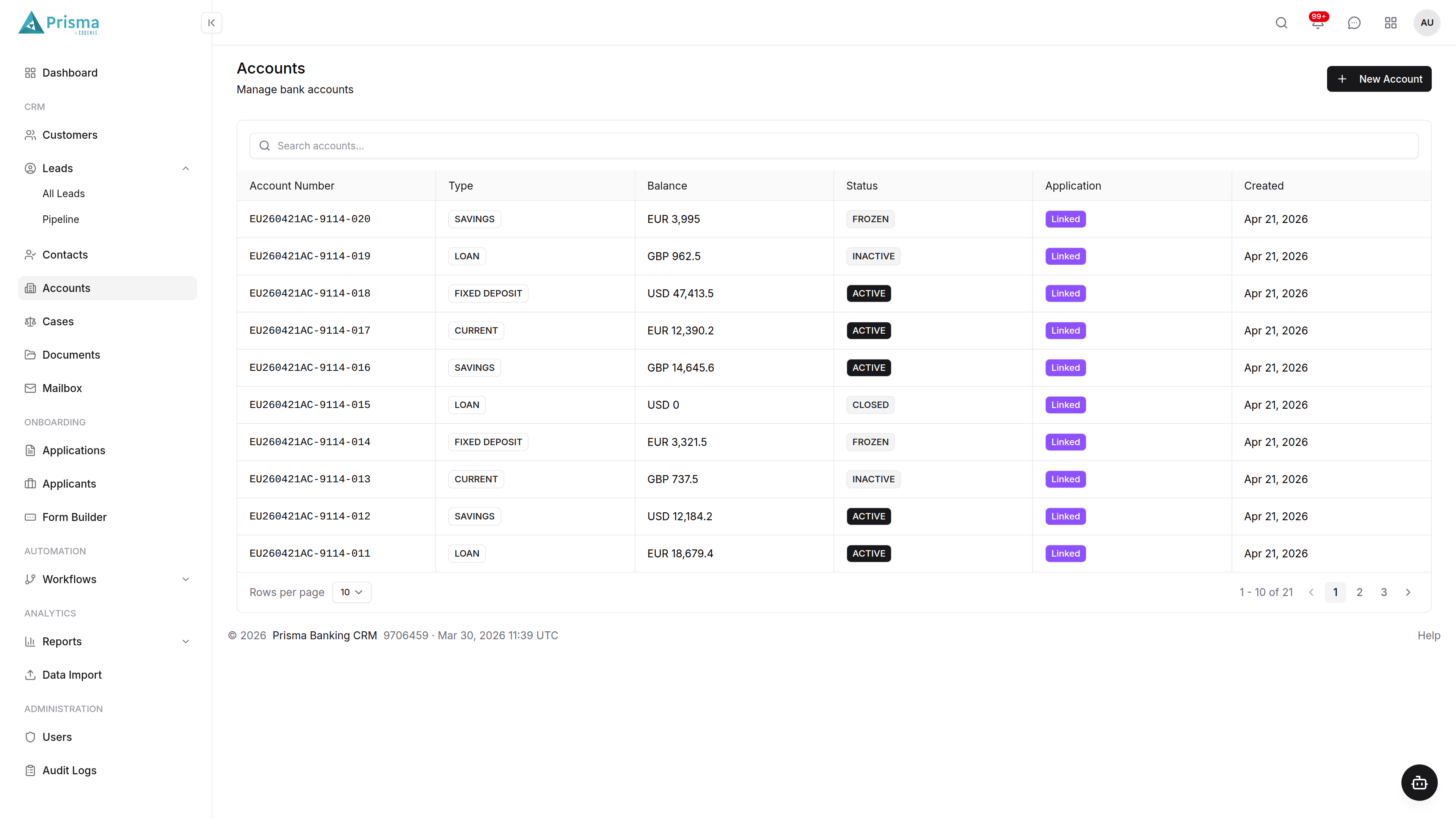 Prisma Banking CRM Accounts