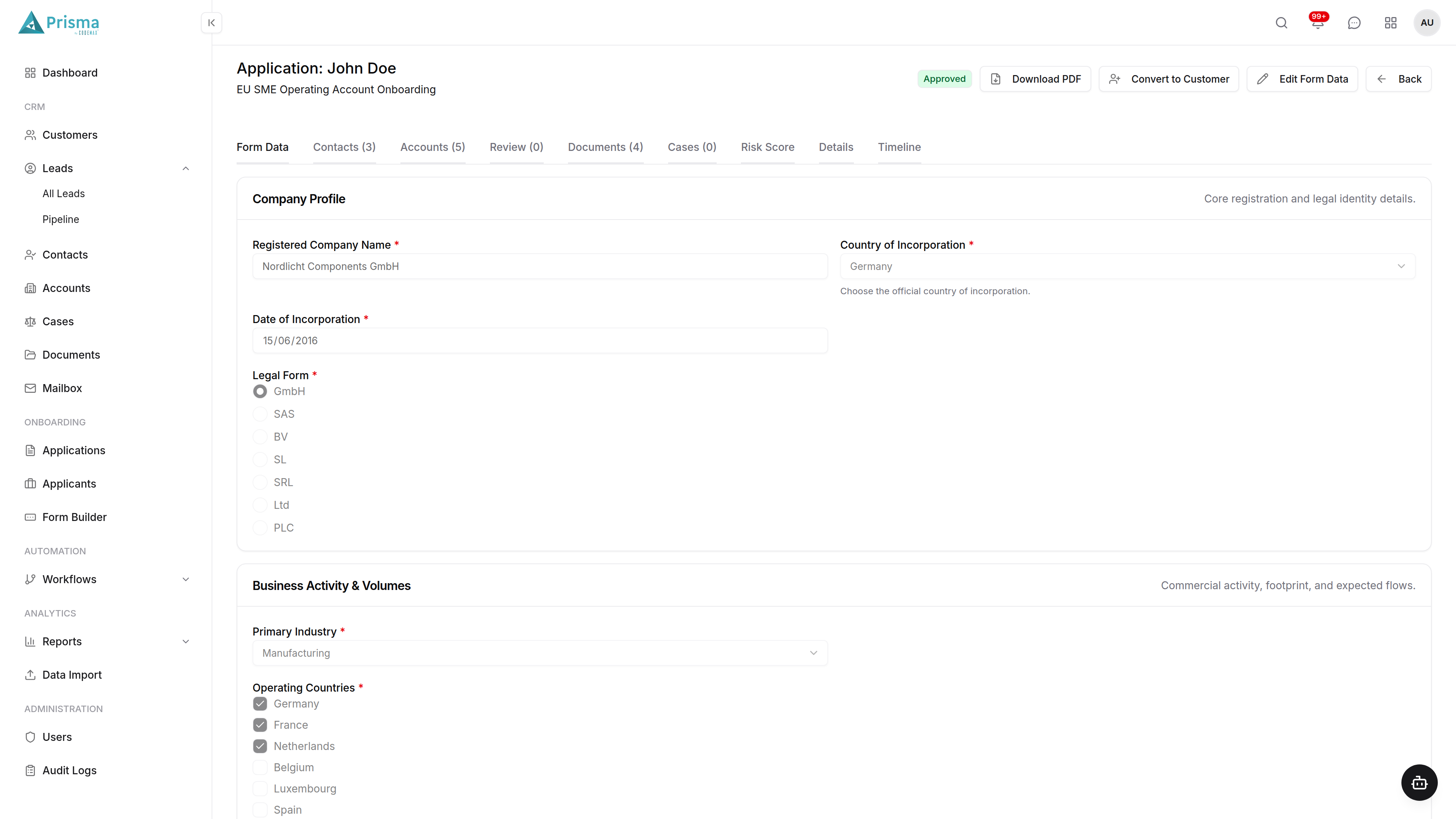 Prisma Banking CRM Application Details