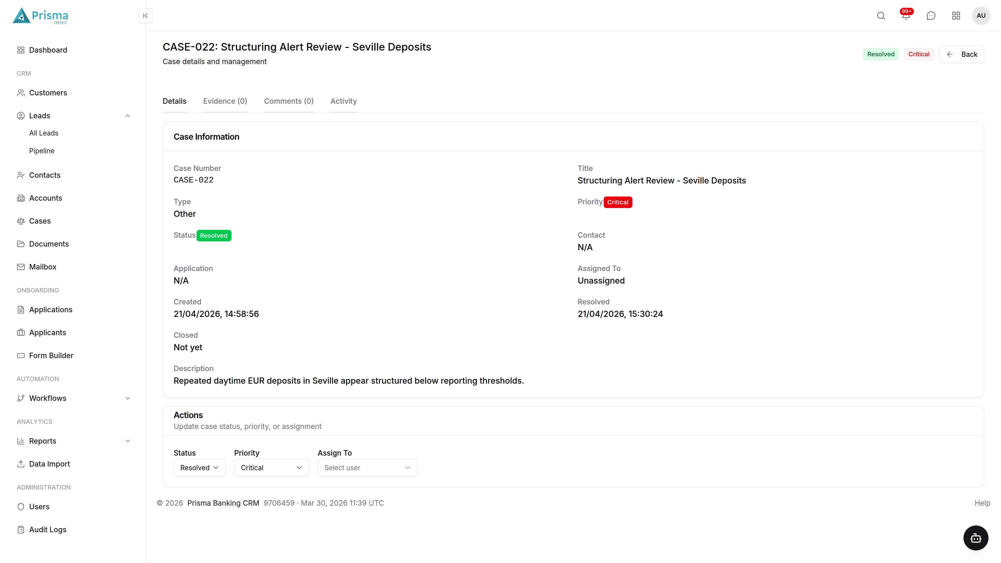 Prisma Banking CRM Case Management
