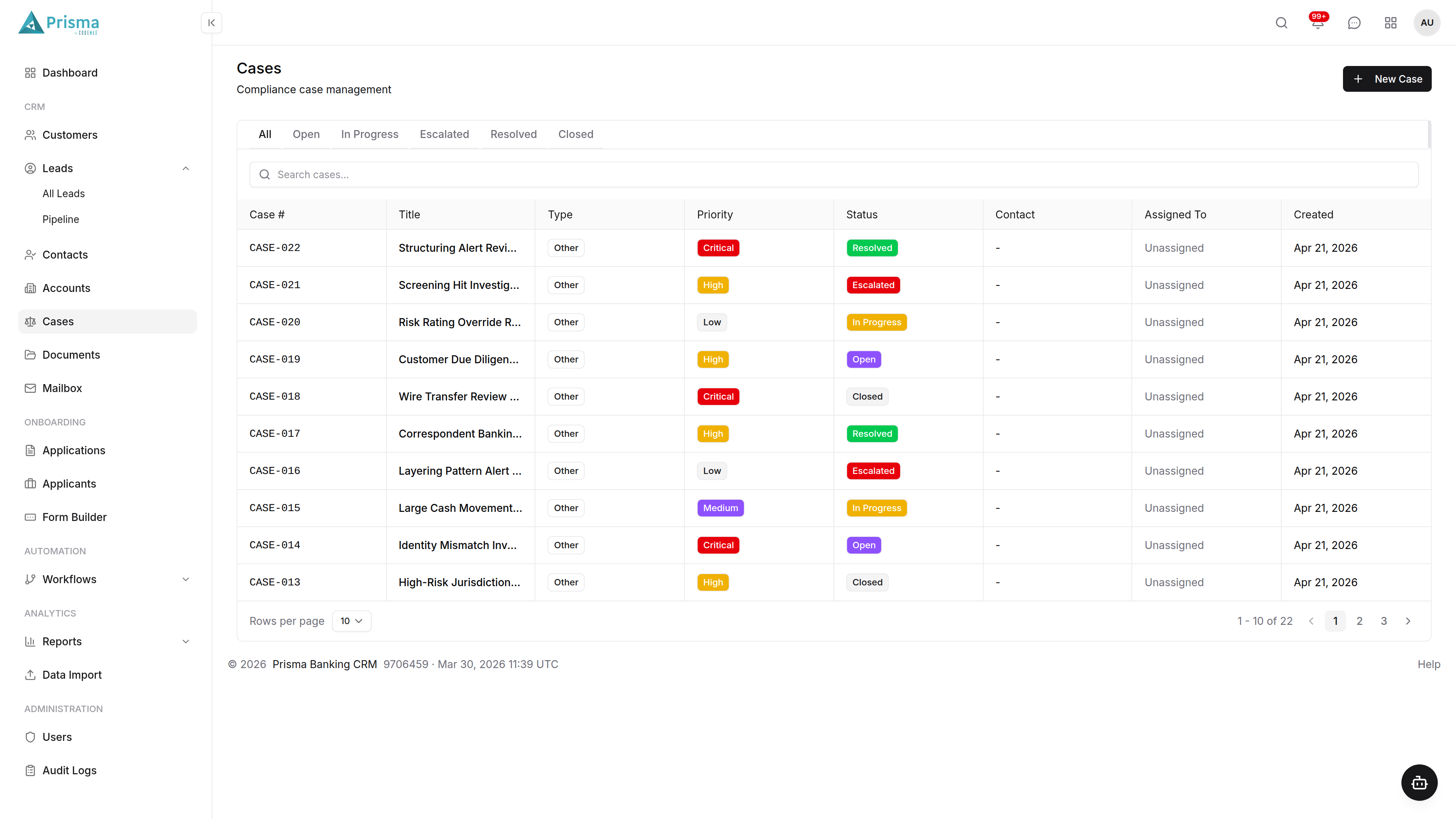 Prisma Banking CRM Cases
