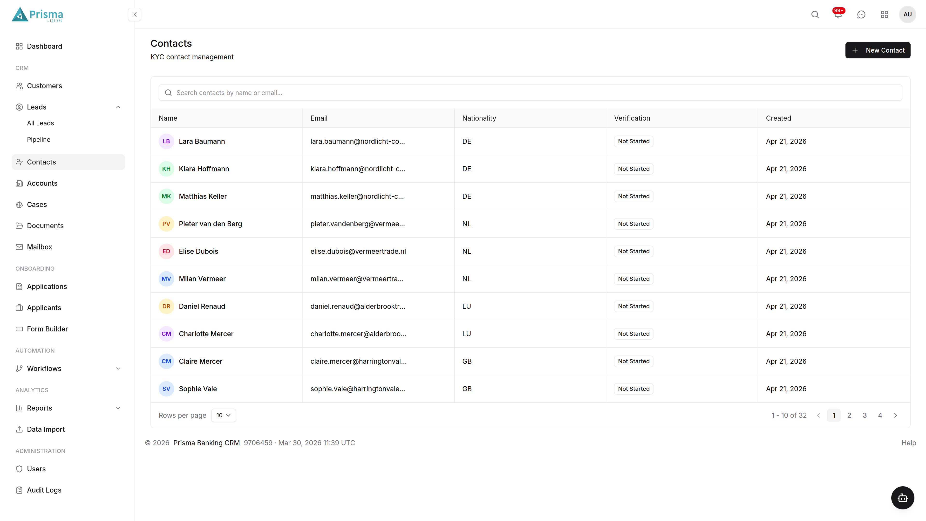 Prisma Banking CRM Contacts