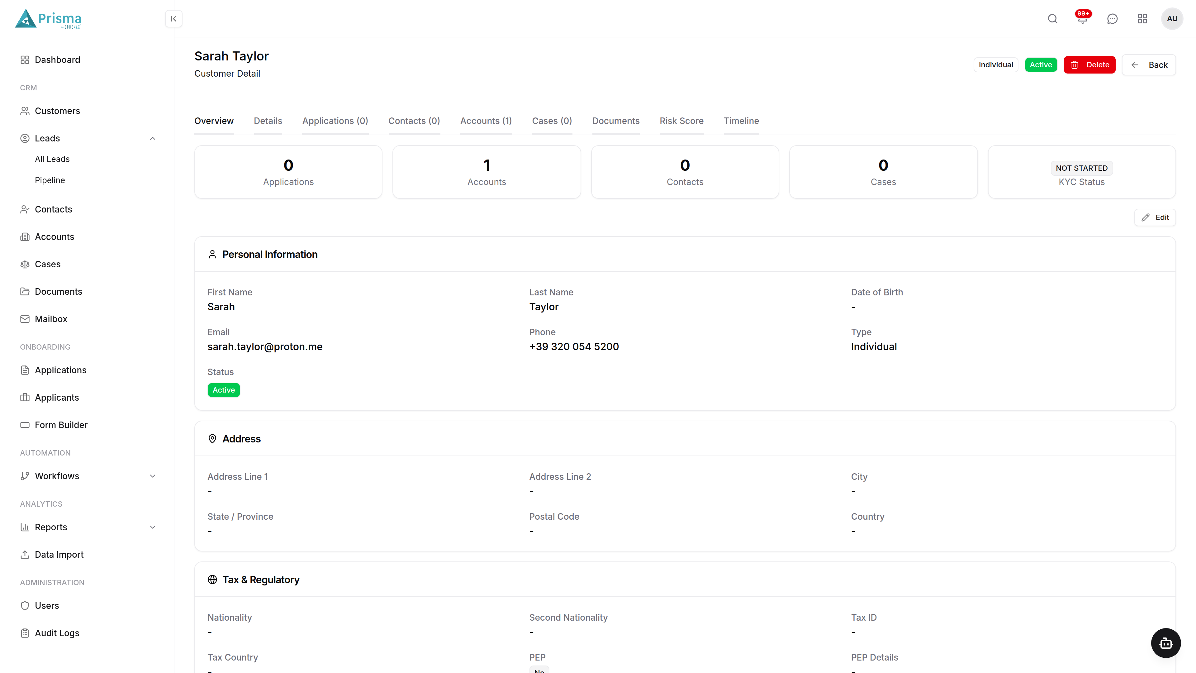 Prisma Banking CRM Customer Details