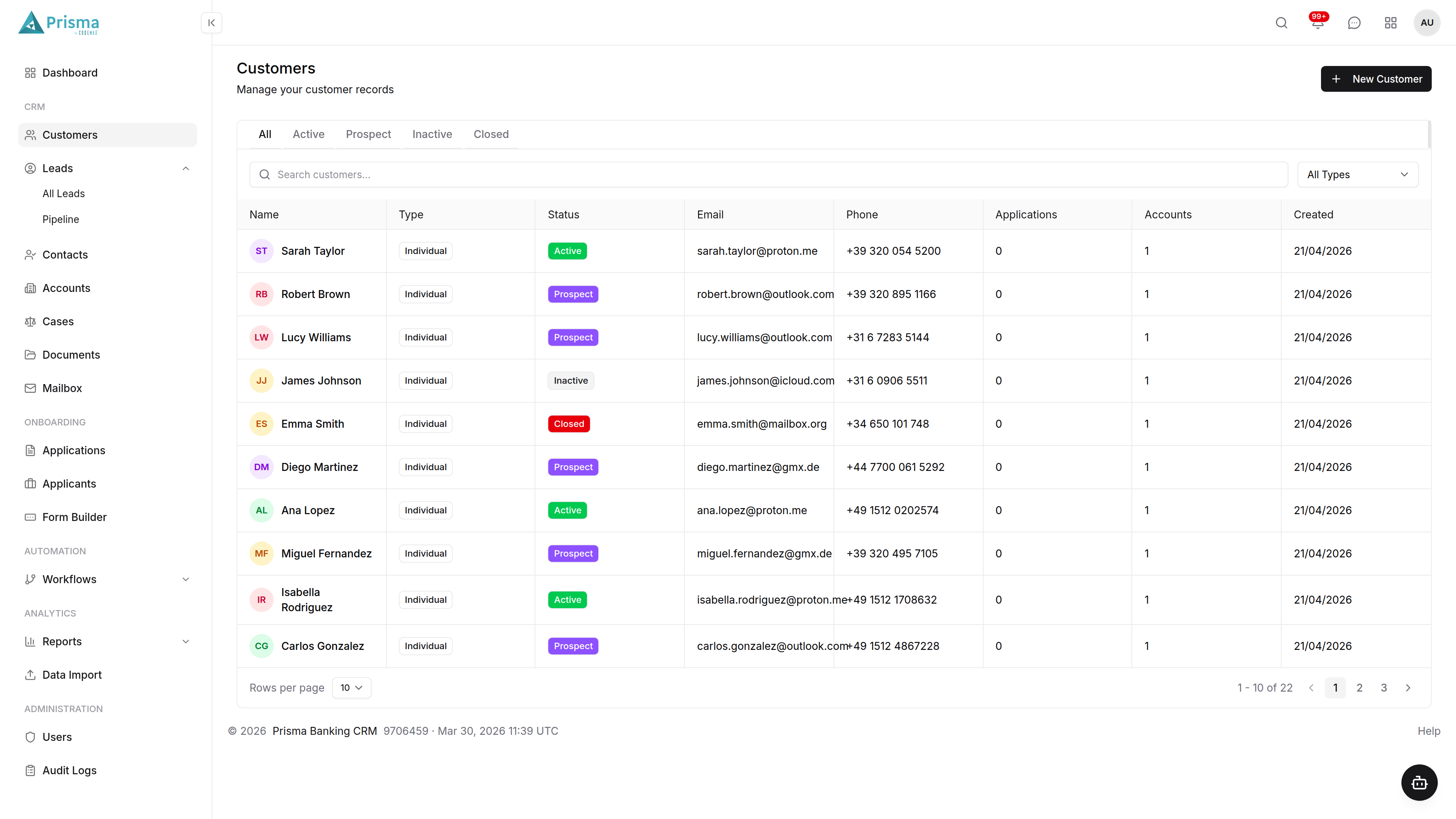 Prisma Banking CRM Customers