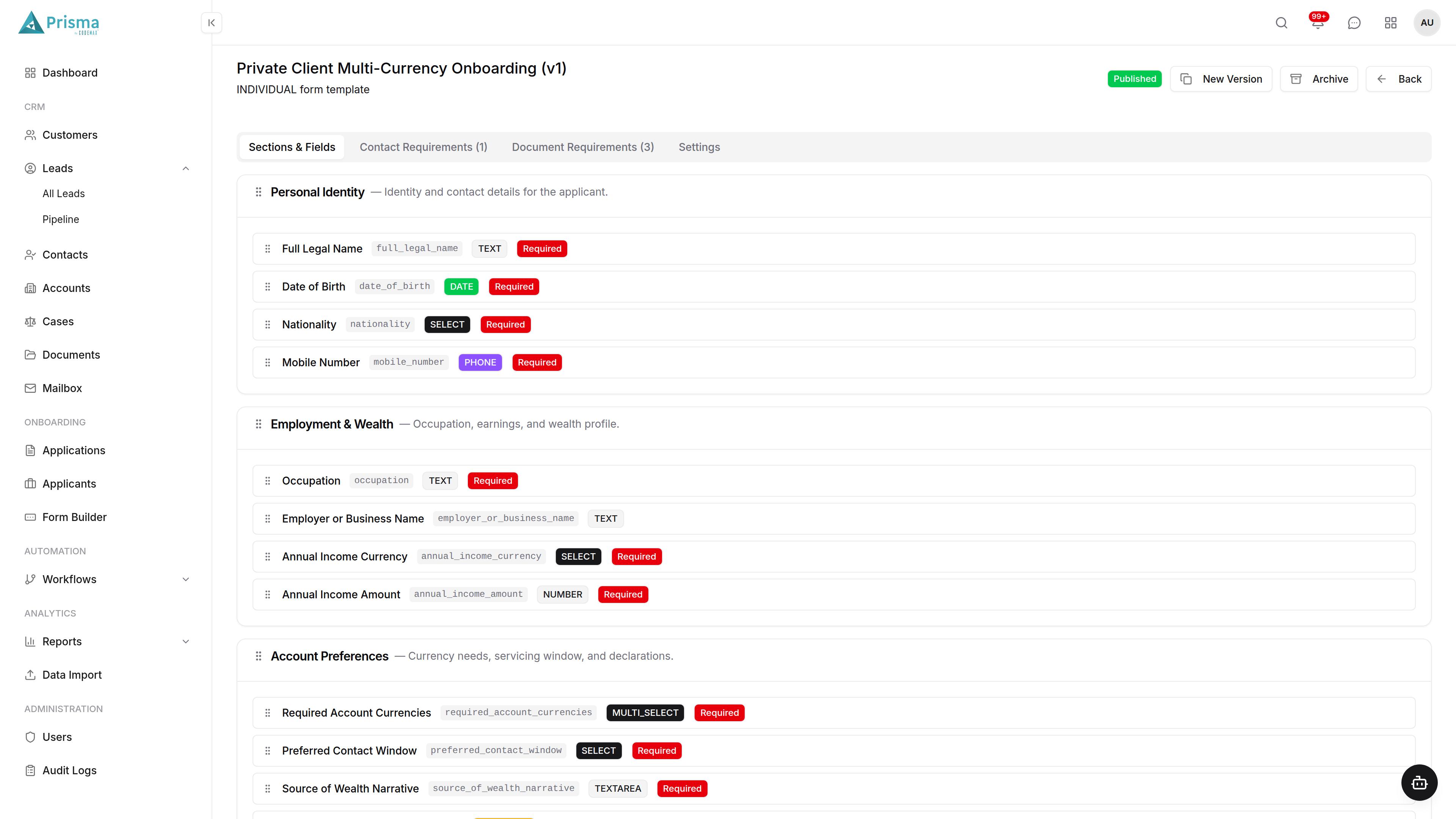 Prisma Banking CRM Form Builder 2