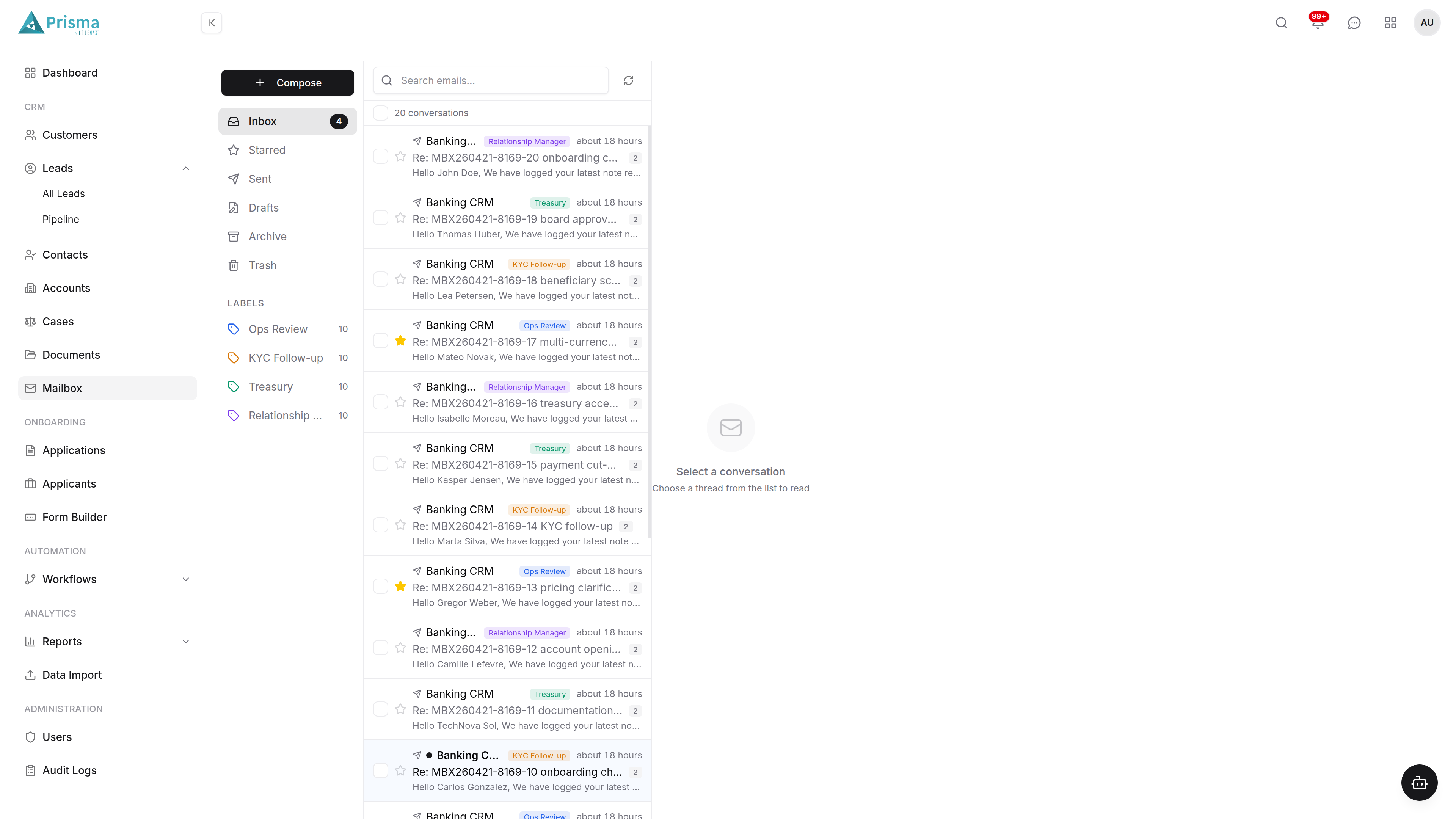 Prisma Banking CRM Inbox