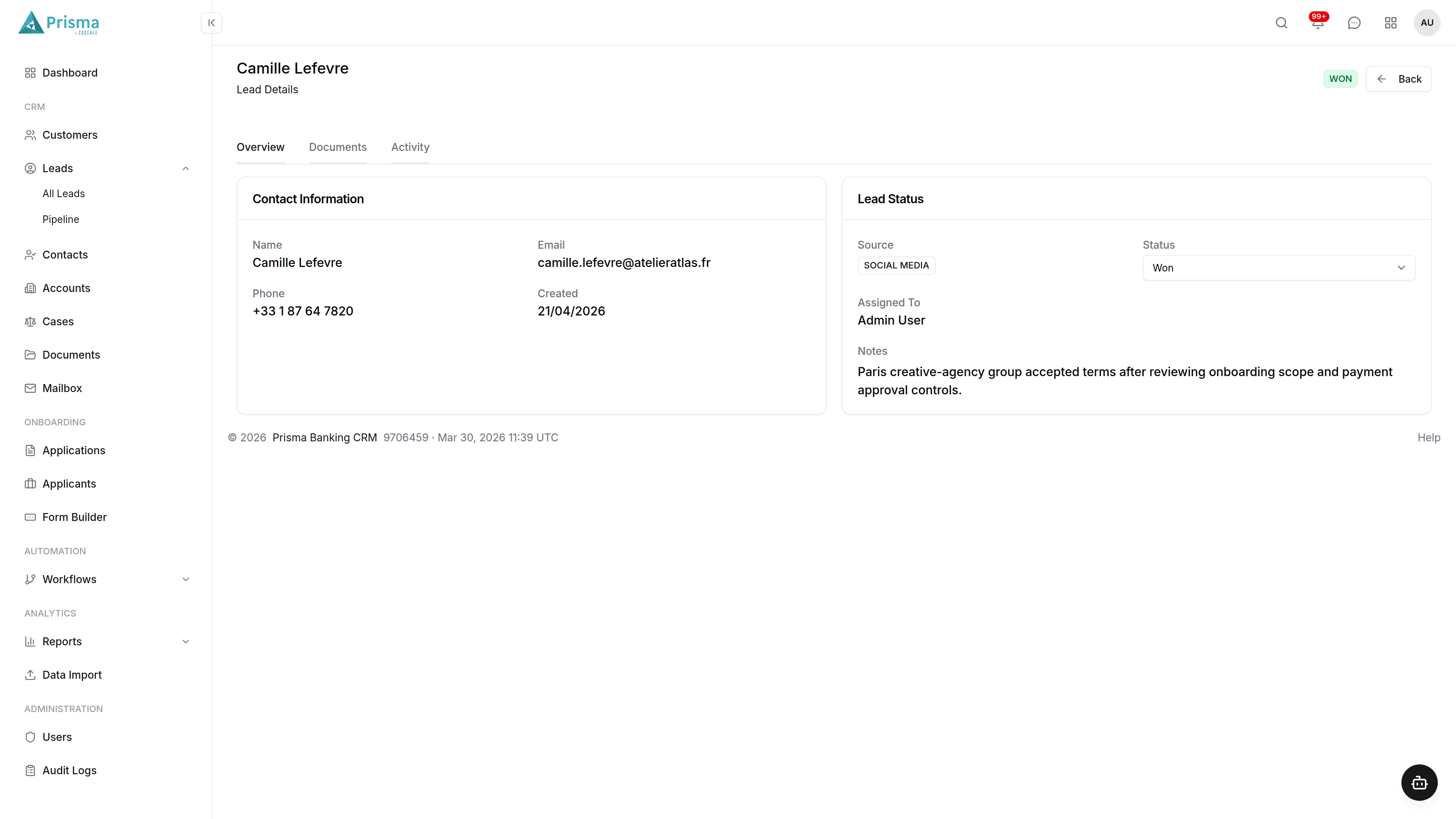 Prisma Banking CRM Lead Details