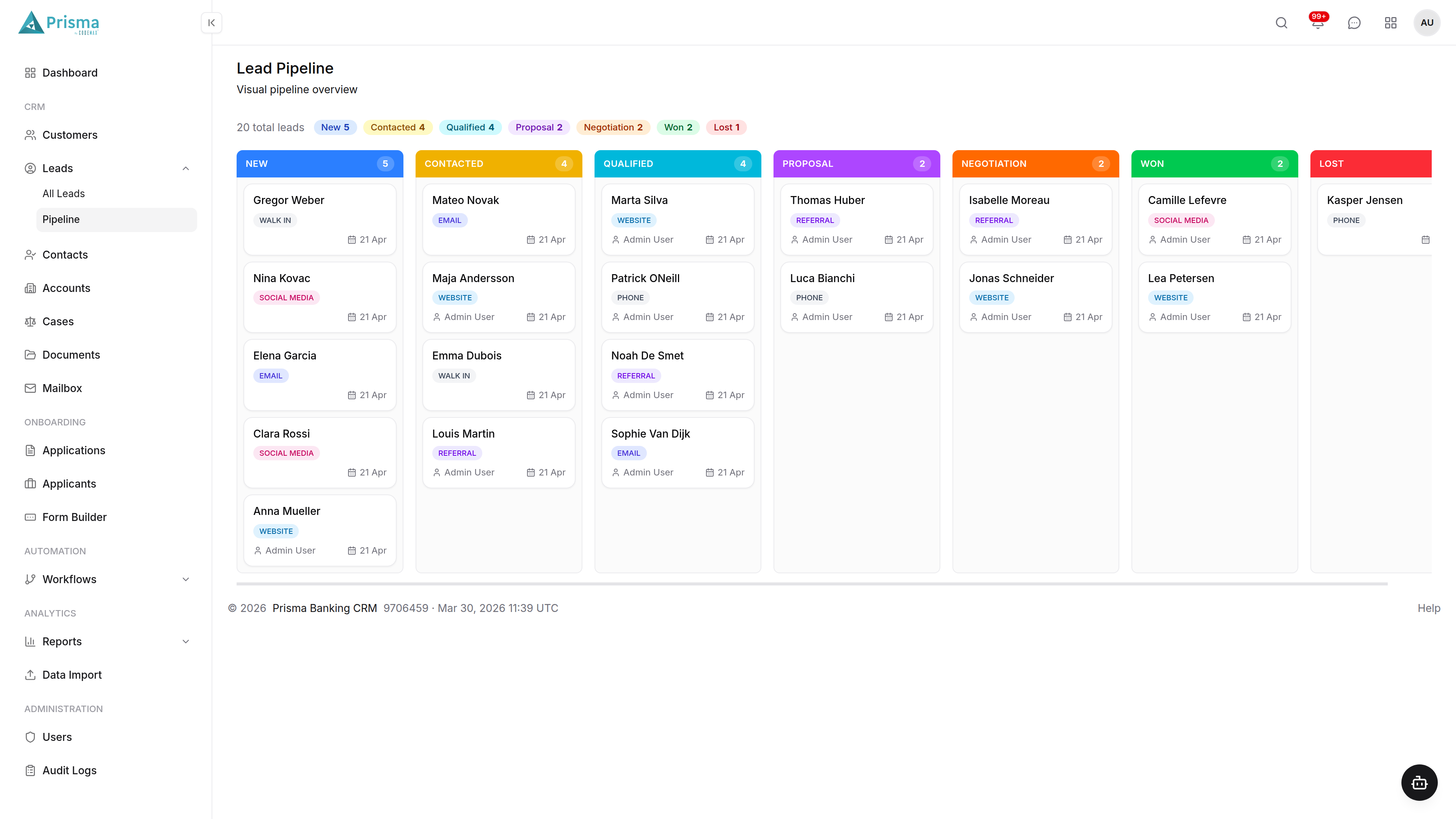 Prisma Banking CRM Lead Pipeline