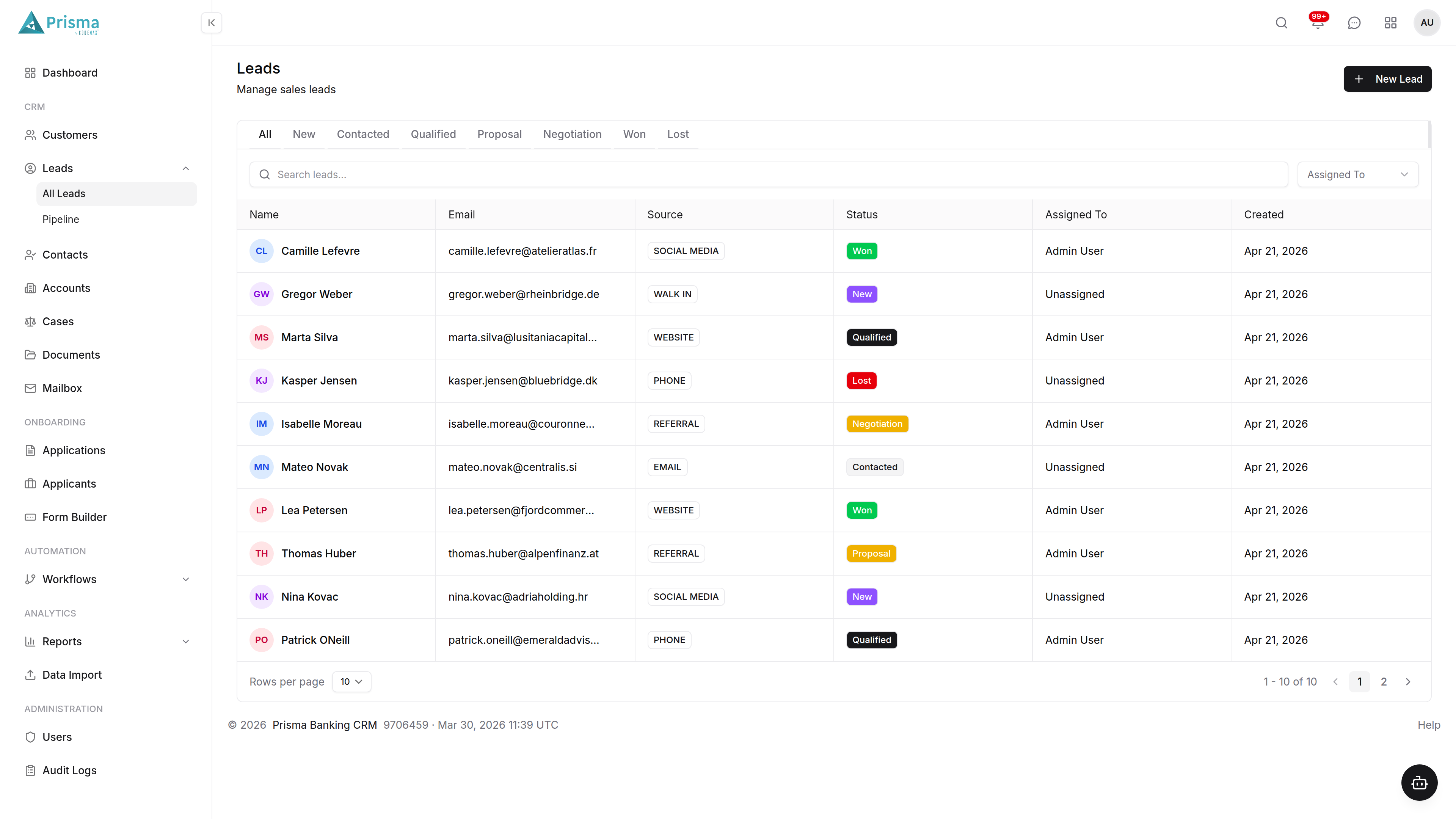 Prisma Banking CRM Leads